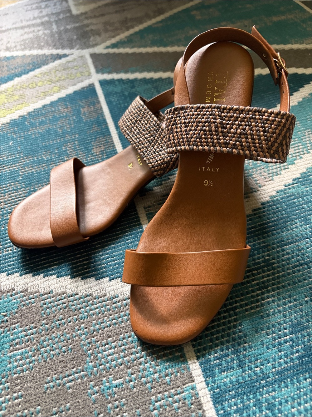 Italian Shoemakers Brown Tan Leather Sandals with Woven Ankle Strap